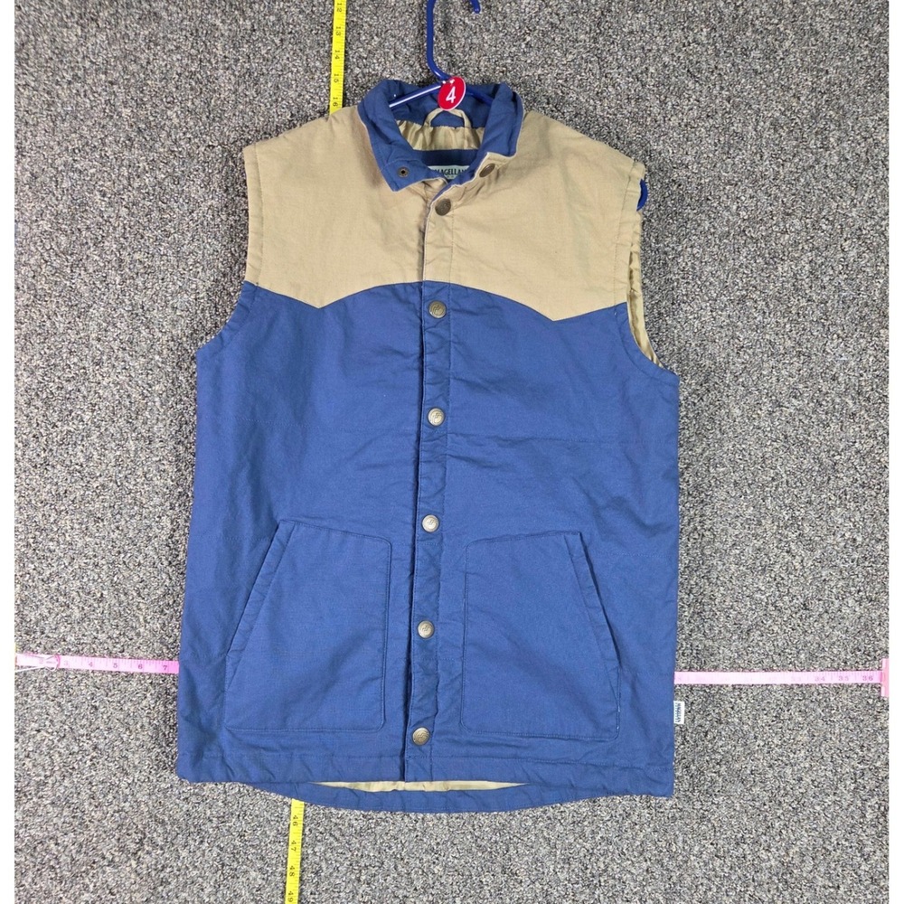 Magellan Outdoors Vest Mens Small Blue Tan Canvas Western Snap Front Utility
